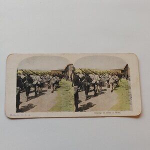 Antique Stereograph Card Military Memorabilia "Coming in from a hike"